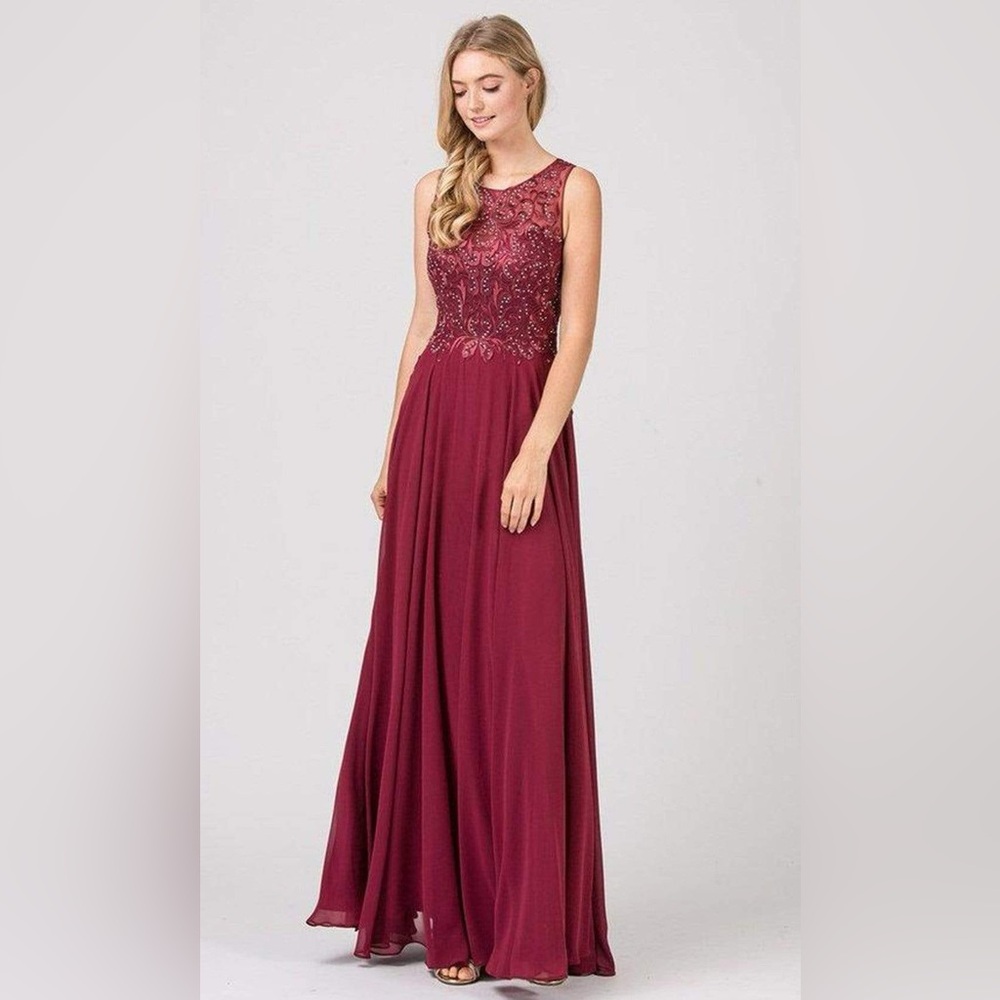 NWT Burgundy Maroon Eureka Fashion - 7025 Embroidered Lace Chiffon A-line Dress